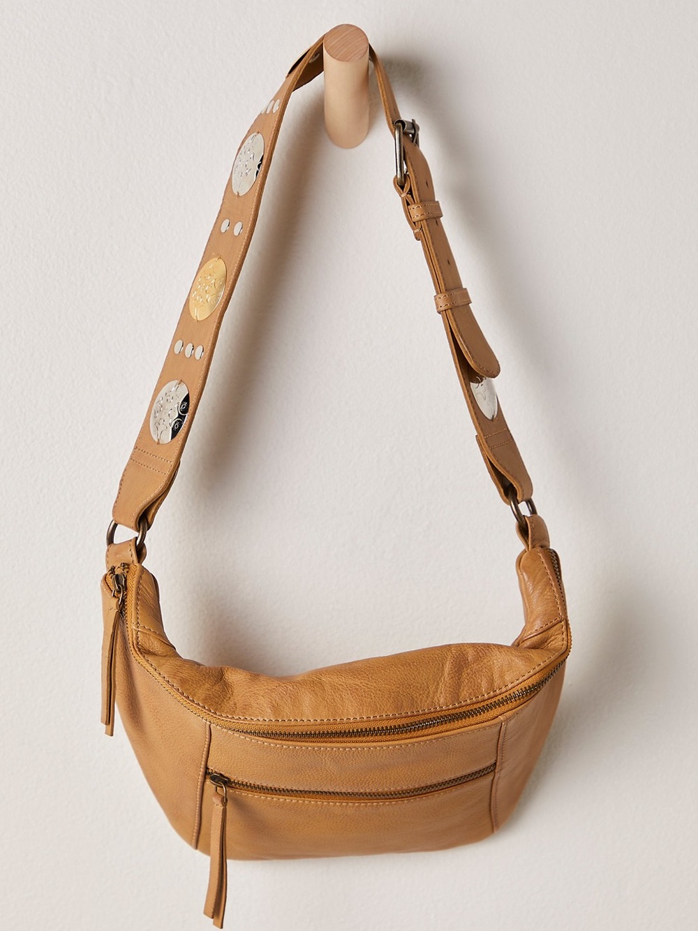 Free People Tan Leather Slouchy Shoulder Bag Studded Boho Western
